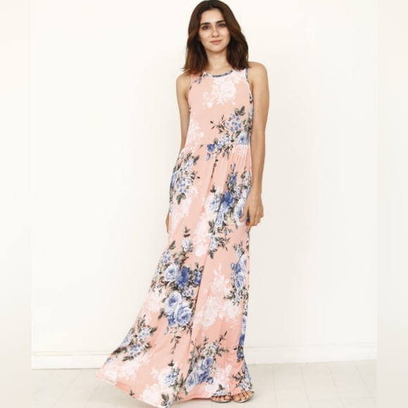 EGS 😘by Éloges Peach Floral Maxi SUMMER Dress in Coral Pink - Picture 1 of 13